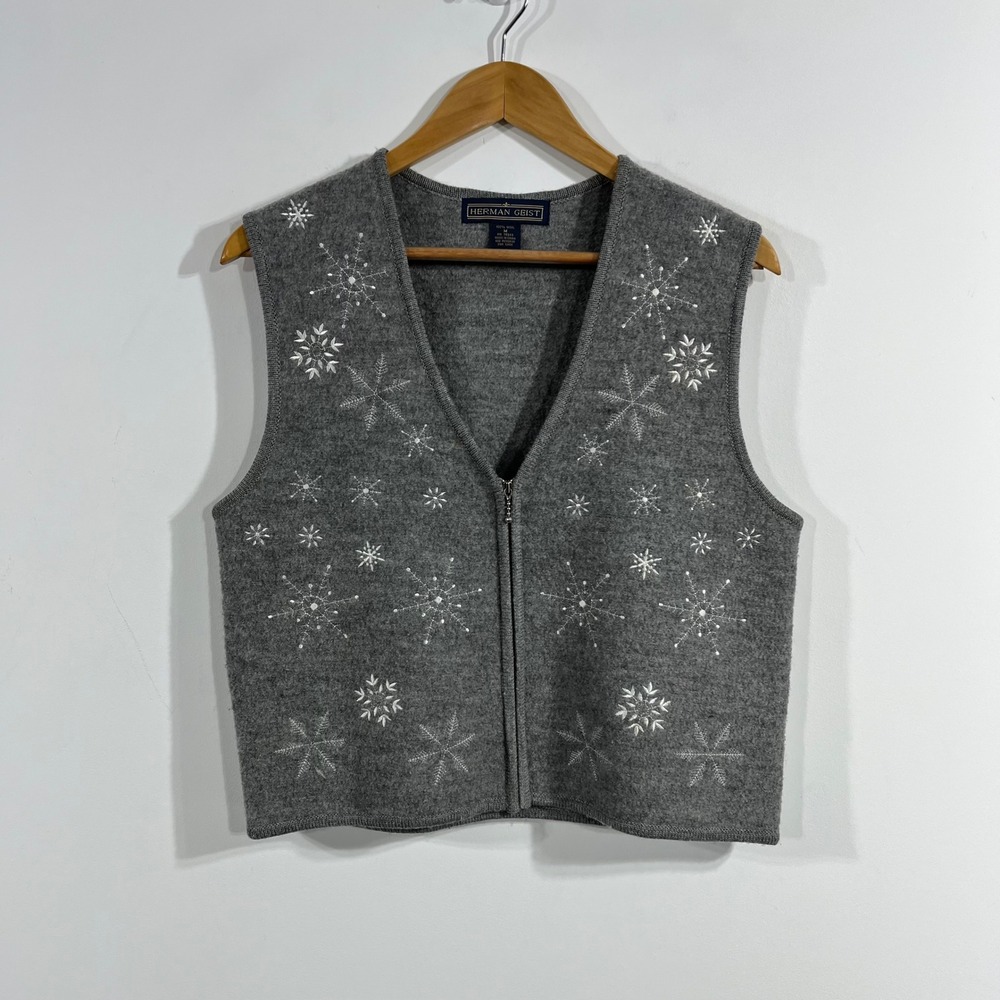 Herman Geist VTG 100% Wool Snowflake Embroidered Holiday Sweater Vest Medium 90s